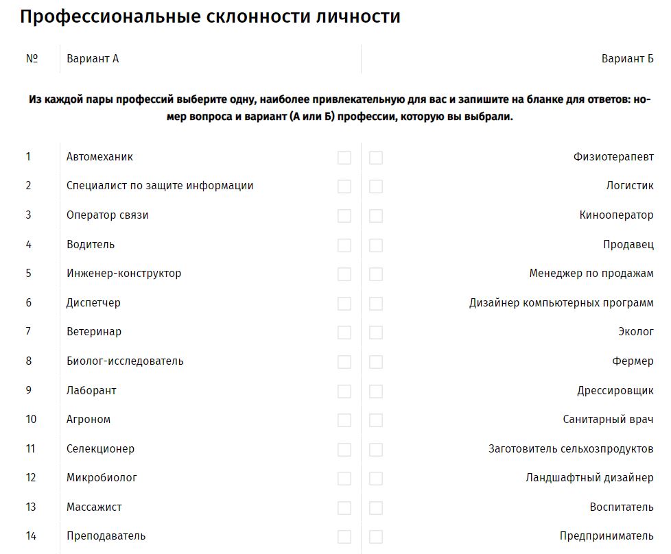 Скрин теста профессиональные склонности личности